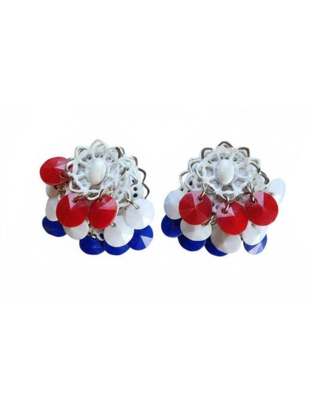Vintage 1960s Patriotic Cha Cha Dangle Earrings, Red White Blue Plastic Bead